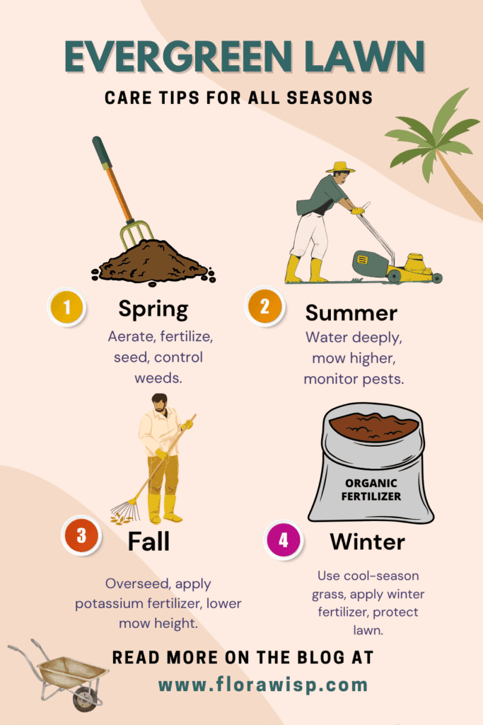 Infographic showing seasonal lawn care tips for spring, summer, fall, and winter, to help maintain evergreen grass health all year.