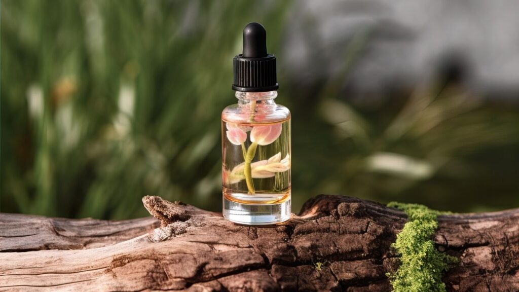 Organic serum bottle on a natural tree, symbolizing timeless skin care tips for oily and sensitive skin.