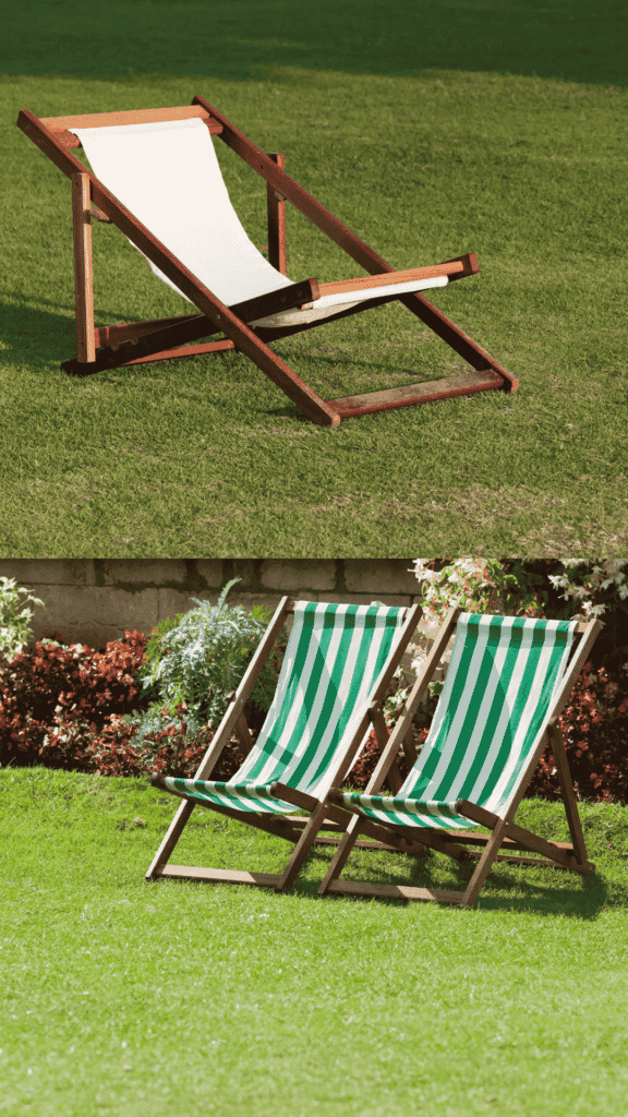 Bermuda grass lawn pics showing a stunning overseeding results of before and after transformation of a sparse lawn into a thick, green yard with a chair for relaxation.