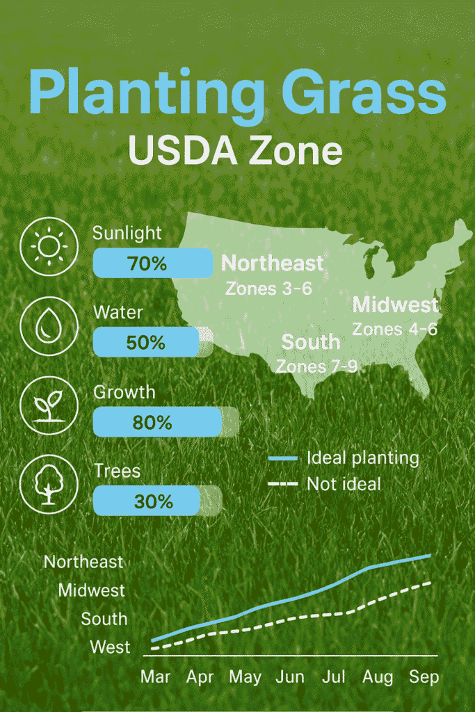 Planting grass USDA zones infographic showing a USA map with growing zones from 3 to 9  from northeast to south and a graph displaying the best time to plant grass across different regions