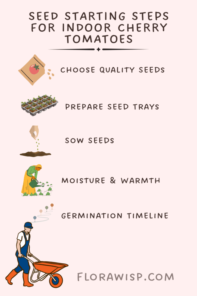 Infographic detailing step-by-step instructions for preparing for planting cherry tomatoes indoors, highlighting seed starting techniques, container choices, and essential care tips.