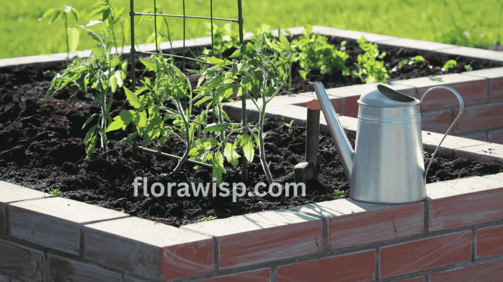 Young tomato seedlings growing in fresh soil, with a watering can nearby, symbolizing the nurturing care for healthy plant growth.