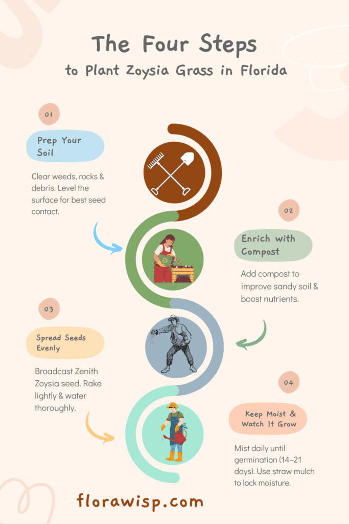 Infographic showing 4 easy steps to plant Zoysia grass in Florida: soil prep, compost, seeding, and watering