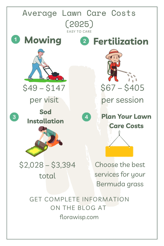 Infographic showing average lawn care cost in 2025 with easy tips for gardening beginners and a well-maintained garden and lawn.