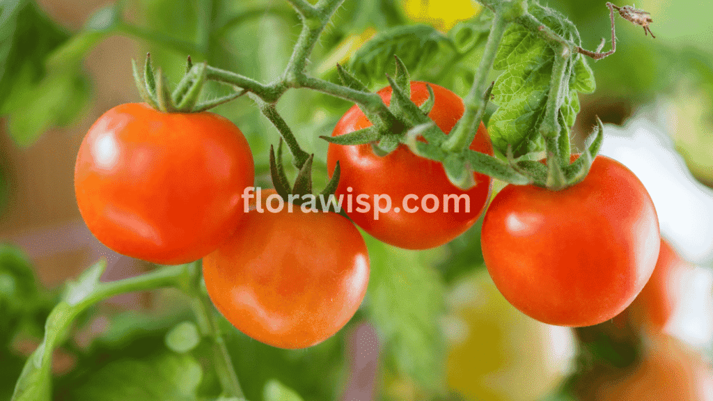 Florida tomato plant 91 producing ripe red fruit in a humid Florida garden setting