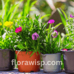 Colorful flowers in pots arranged in an outdoor garden setting with terracotta and ceramic containers.