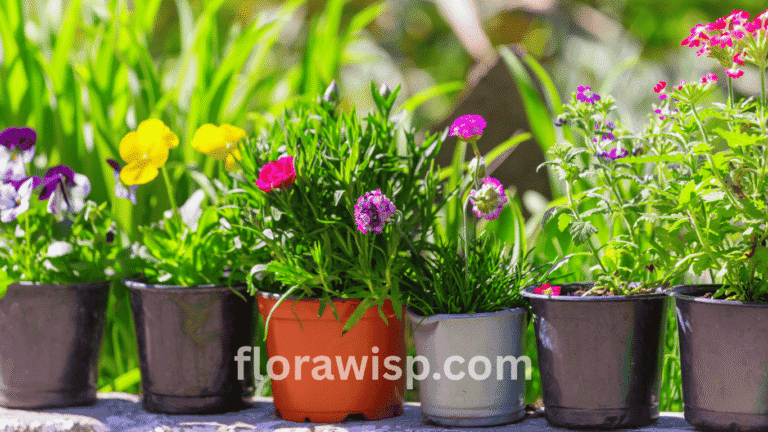 Colorful flowers in pots arranged in an outdoor garden setting with terracotta and ceramic containers.