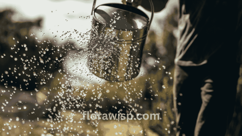 Man caring for Bermuda grass in Texas by watering lawn with a metal watering can in summer