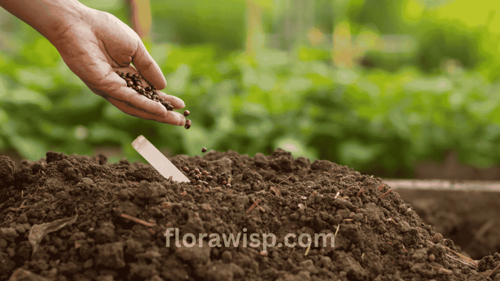 How to Plant Flowers from Seeds – A gardener’s hand placing seeds into fresh soil for successful flower germination.