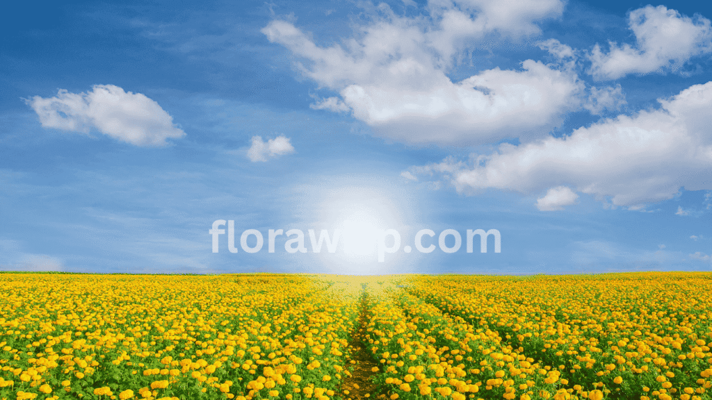 Marigold Seeds blooming in a vibrant field of orange and yellow marigold flowers under full sun.