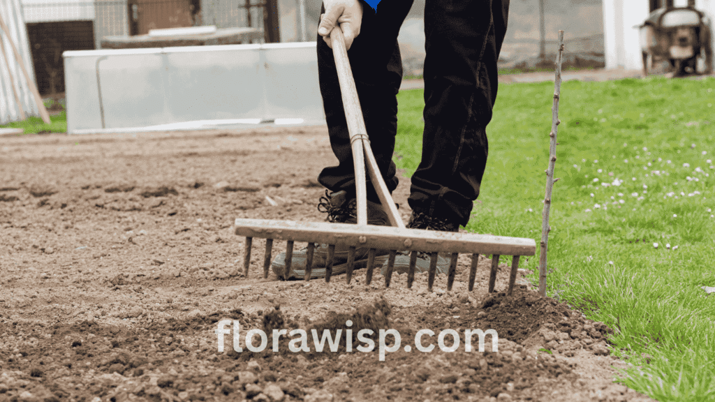 Man using rake for soil preparation for planting centipede grass in a residential lawn
