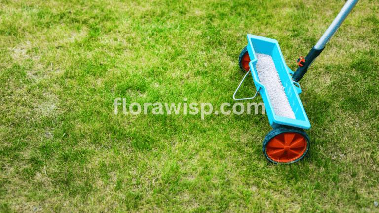 St Augustine Grass Problems like patchy yellow spots being treated with hand-applied fertilizer using a manual spreader on a warm-season lawn.