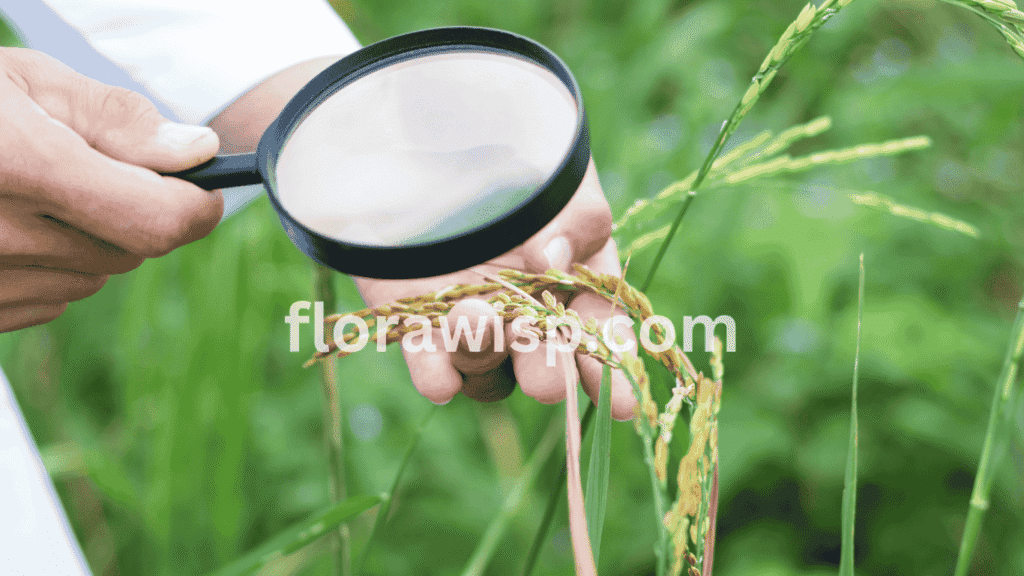 St Augustine grass disease identification with a man inspecting lawn closely using a magnifying glass to detect signs of fungal infection or nutrient deficiency.

