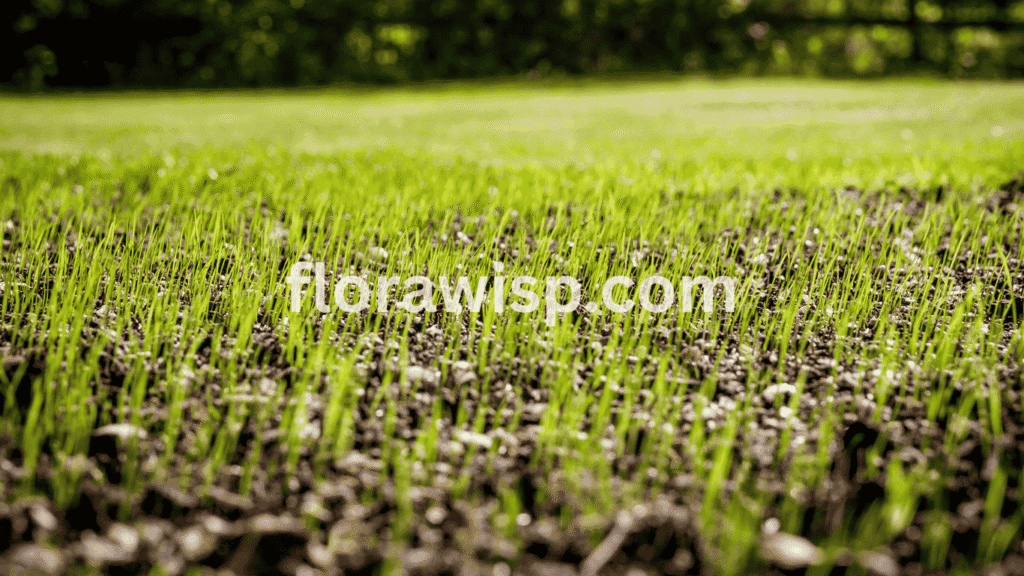 TifBlair Centipede Grass Seed sprouting in freshly prepared soil, showing early-stage germination and healthy green shoots.
