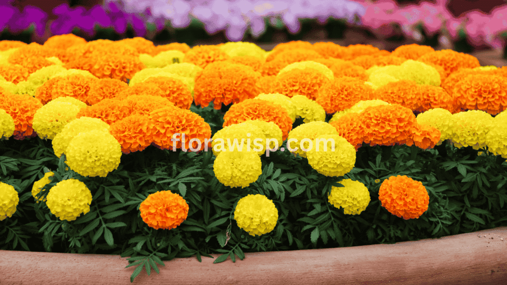 Types of Marigold in full bloom featuring French, African, Mexican, and rare hybrids in a vibrant garden setting.