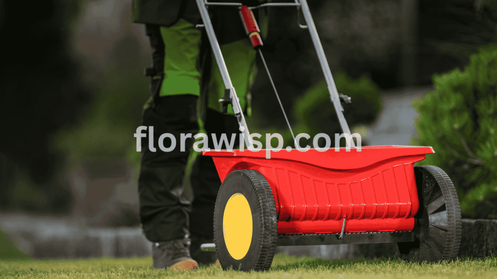 Man overseeding Bermuda lawn in Texas using a handheld seed spreader with a support wheel, showing ideal technique for when to overseed Bermuda grass in Texas