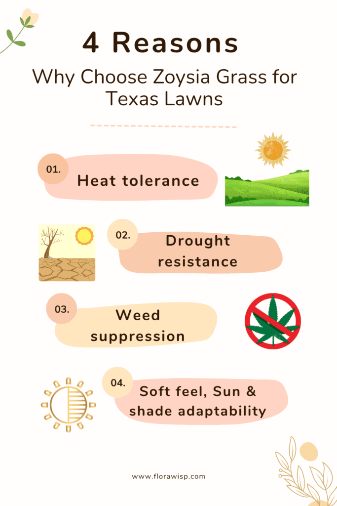 Infographic showing 4 reasons to choose Zoysia grass in Texas lawns: heat tolerance, drought resistance, weed suppression, and sun & shade adaptability