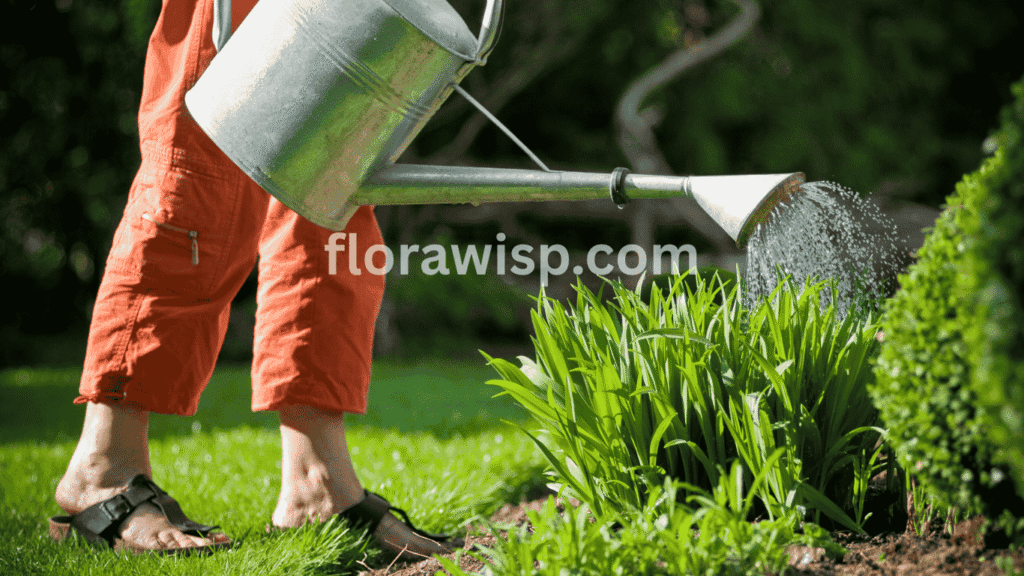 Best time to water St. Augustine grass in Texas shown with early morning sprinkler irrigation for deep root growth and disease prevention