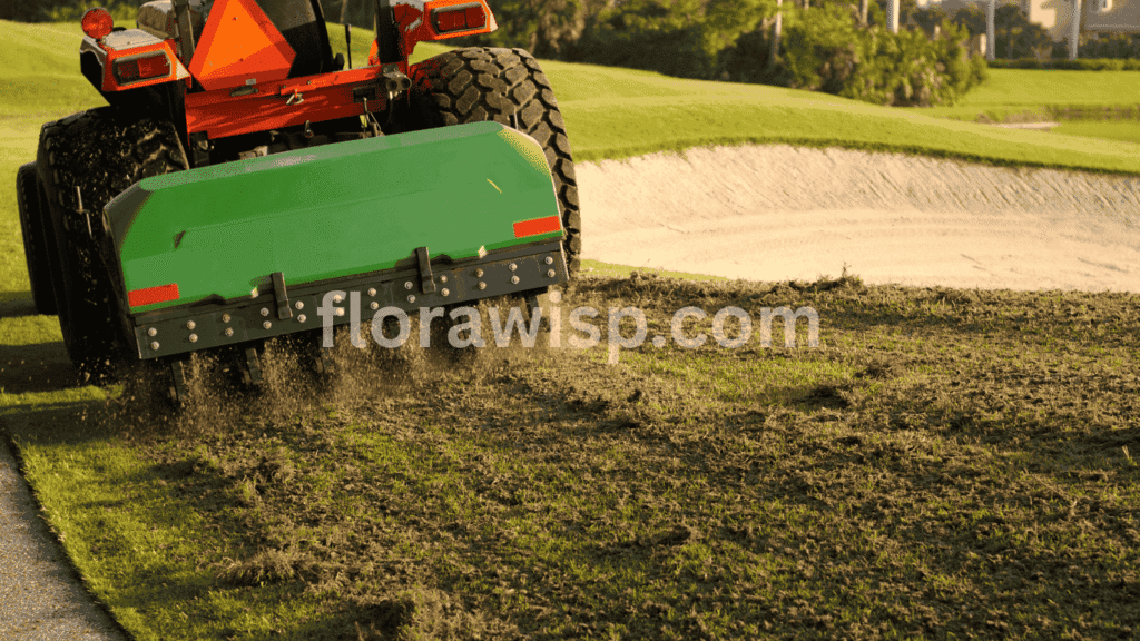 Dethatching St Augustine grass with a power dethatcher removing thick thatch layer to improve lawn health and nutrient absorption.

