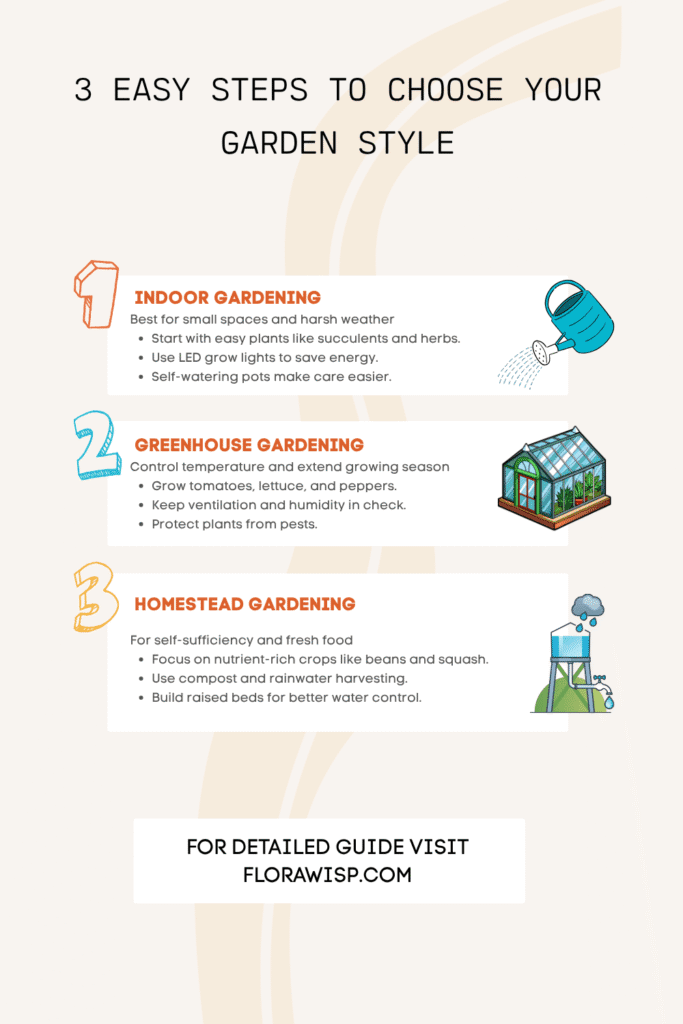 Infographic illustrating 3 easy steps to choose your garden style for beginners, including tips for indoor, greenhouse, and homestead gardening.