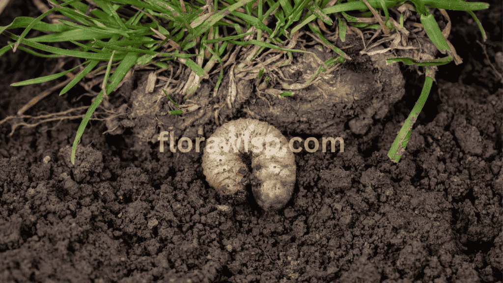 Close-up of a grub damaged lawn showing brown patches and thinning grass caused by white grub infestation in turfgrass