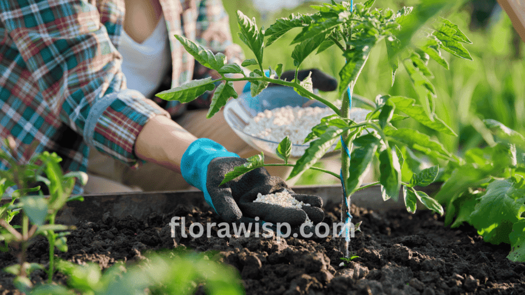 How often to fertilize tomato plants a woman applying balanced fertilizer to tomato plants during the active growth stage in a Florida home garden.