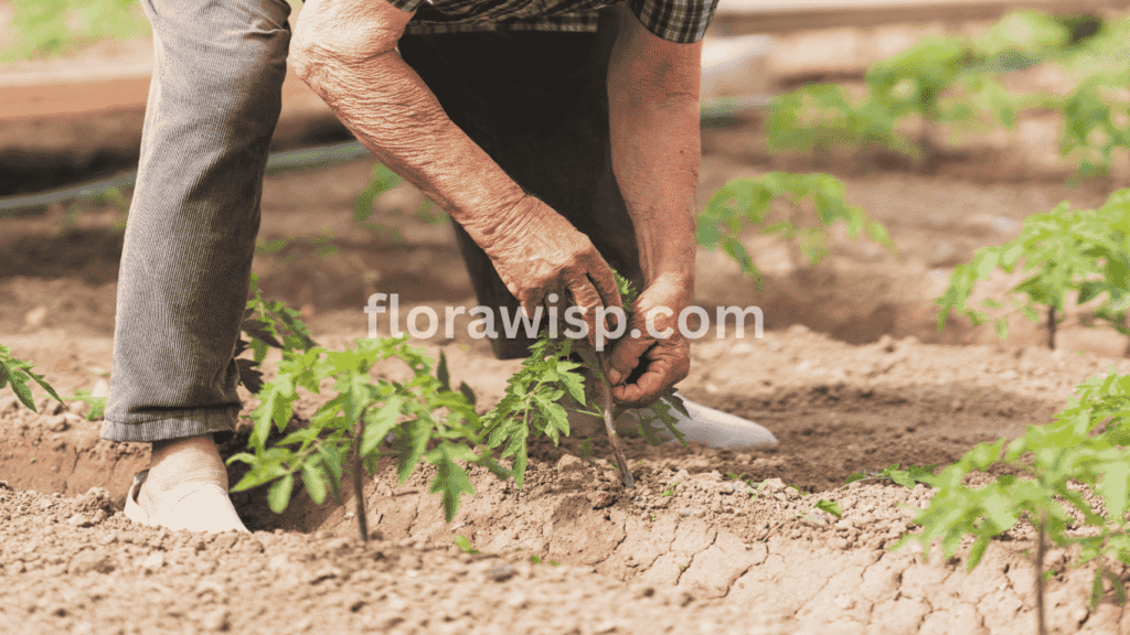 Planting tomatoes in Florida – a gardener carefully placing a tomato seedling into the soil during early spring.