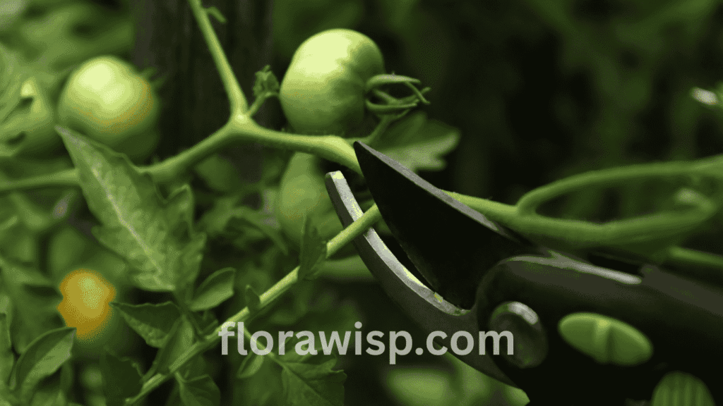 Pruning tomato plants in Florida – gardener removing suckers and lower leaves from a healthy tomato vine to improve airflow and reduce disease in a humid Florida garden.