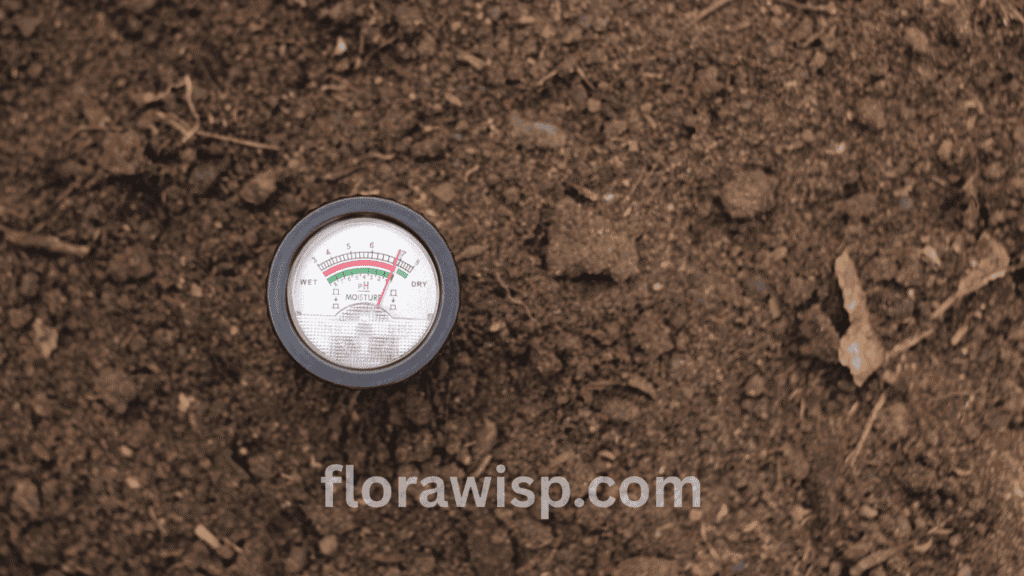 Digital soil pH thermometer inserted in garden soil to measure pH levels and temperature for healthy plant growth