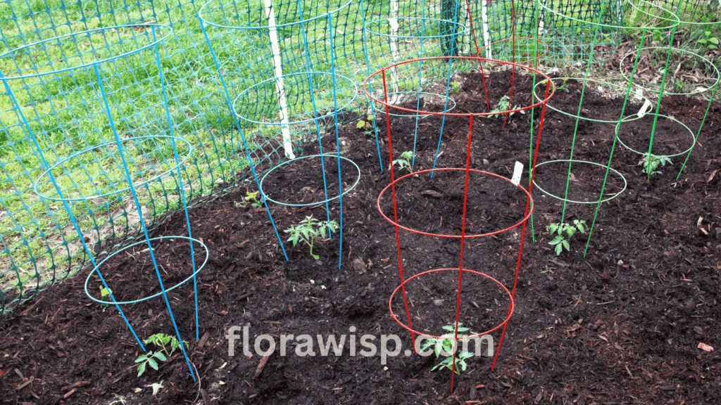 Texas tomato cages supporting healthy tomato plants growing upright in a home garden.