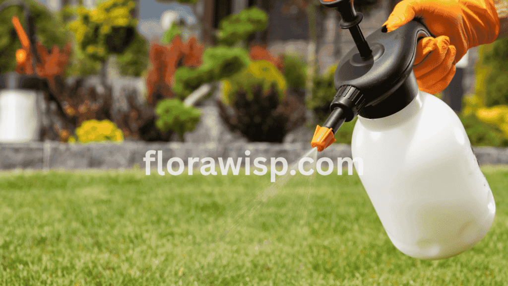 When to fertilize centipede grass in South Carolina shown by a man spraying fertilizer on his home lawn during the spring growing season