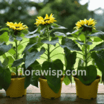 Growing sunflowers in pots on a sunny balcony with terracotta planters and blooming yellow flowers