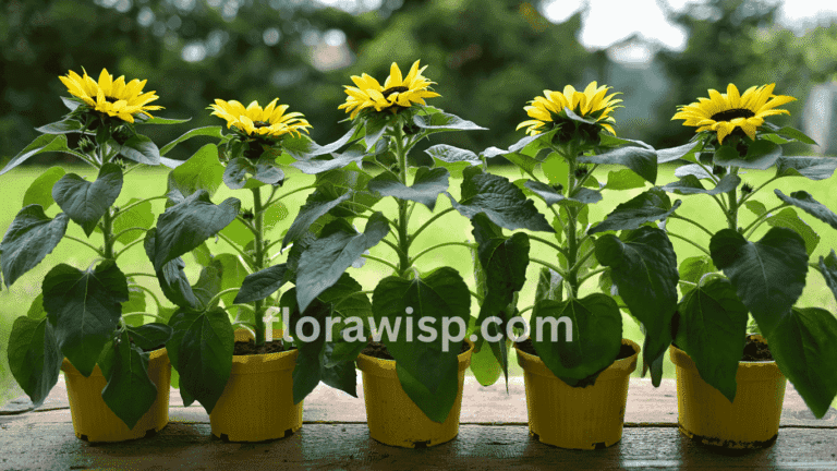Growing sunflowers in pots on a sunny balcony with terracotta planters and blooming yellow flowers