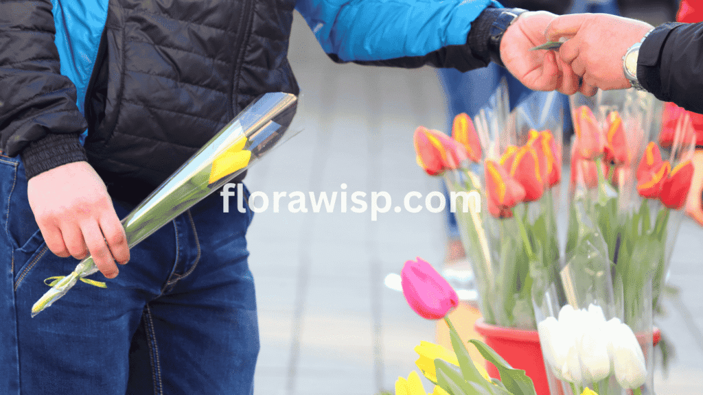 Man purchasing black tulip bulbs for sale at a local garden center during fall planting season.