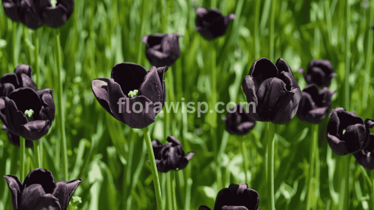 Black tulips in full bloom showcasing velvety dark petals and elegant spring garden design.