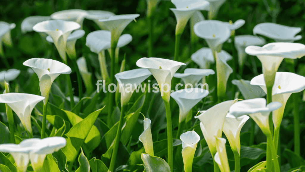 calla lily bulbs blooming with elegant white trumpet-shaped flowers in a garden setting
