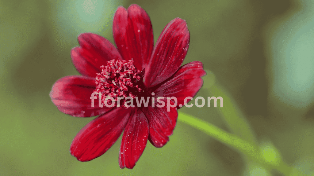 Freshly bloomed chocolate cosmos flower for sale with deep maroon petals and velvety texture displayed in a garden nursery setting.