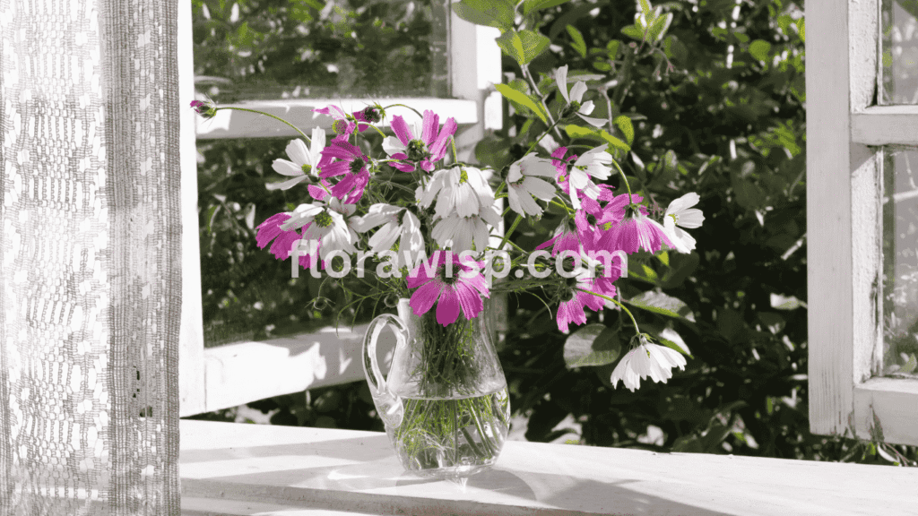 Cosmos flower bouquet in a glass vase placed on a windowsill, showcasing soft pink and white blooms.