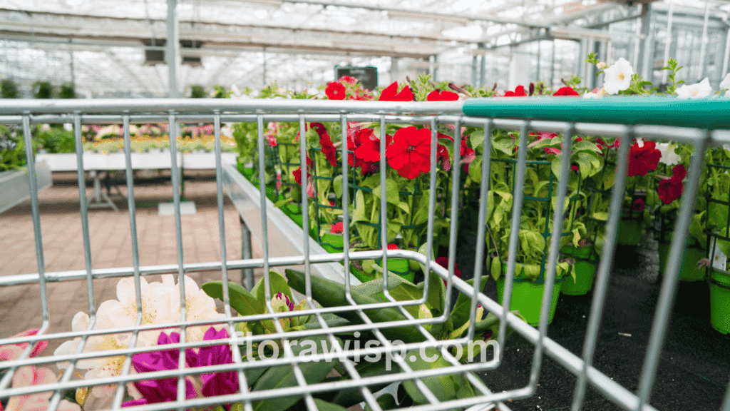Fresh cosmos flower for sale in a shopping bucket at a local garden store, ready for purchase.