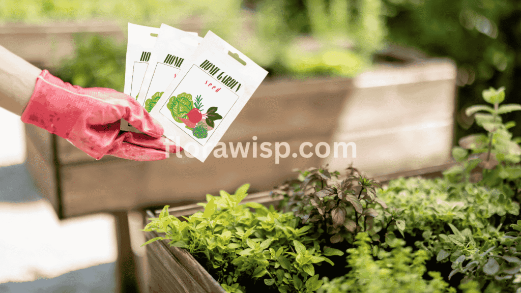 Gardener holding cosmos flower seeds for sale in a seed packet, ready for spring planting.
