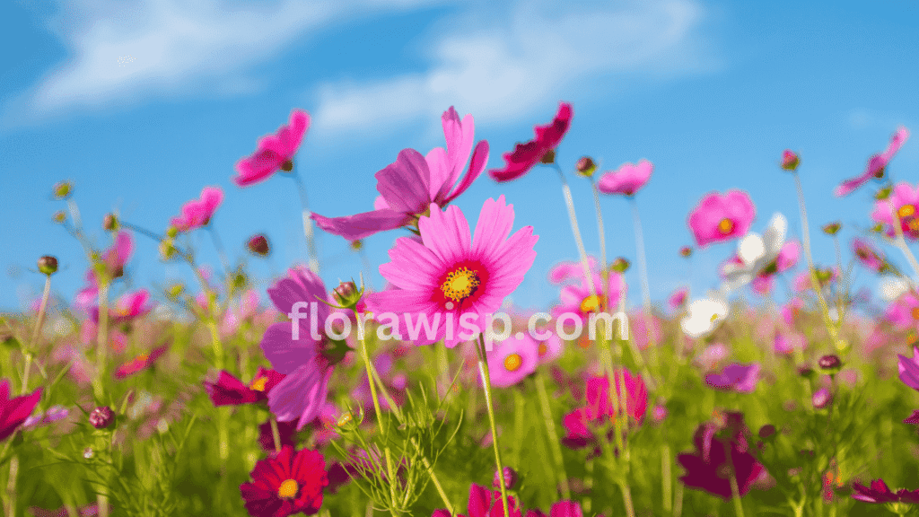 Vibrant pink cosmos flower seeds blooming in a sunny garden bed with lush green foliage