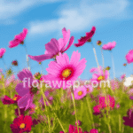 Vibrant pink cosmos flower seeds blooming in a sunny garden bed with lush green foliage