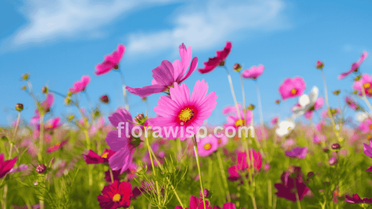 Vibrant pink cosmos flower seeds blooming in a sunny garden bed with lush green foliage