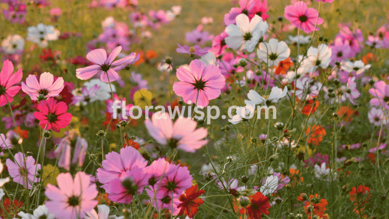 Colorful cosmos flower varieties blooming in a garden during peak summer season with butterflies and bees nearby.