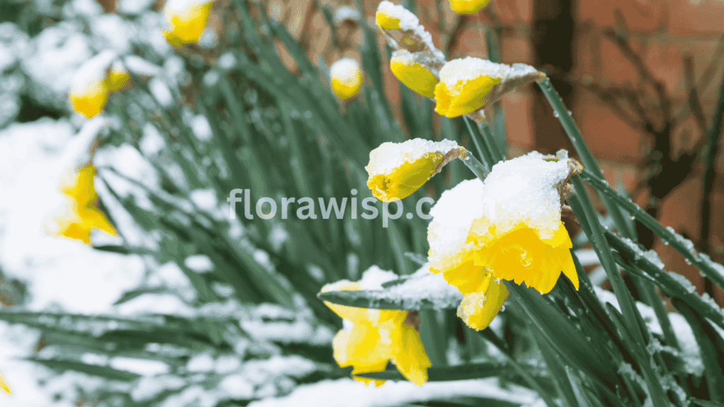 daffodils in pots over winter protected in snow-covered garden, showcasing insulated containers surviving freezing temperatures