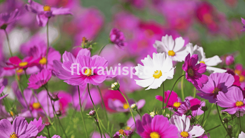 Close-up of a pink cosmos flower blooming in full sun, with delicate petals and soft green foliage in a summer garden.