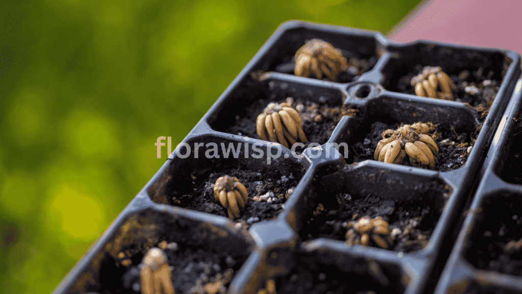 Planting ranunculus corms – pre-sprouted corms arranged in a moist tray for rooting before garden transplanting