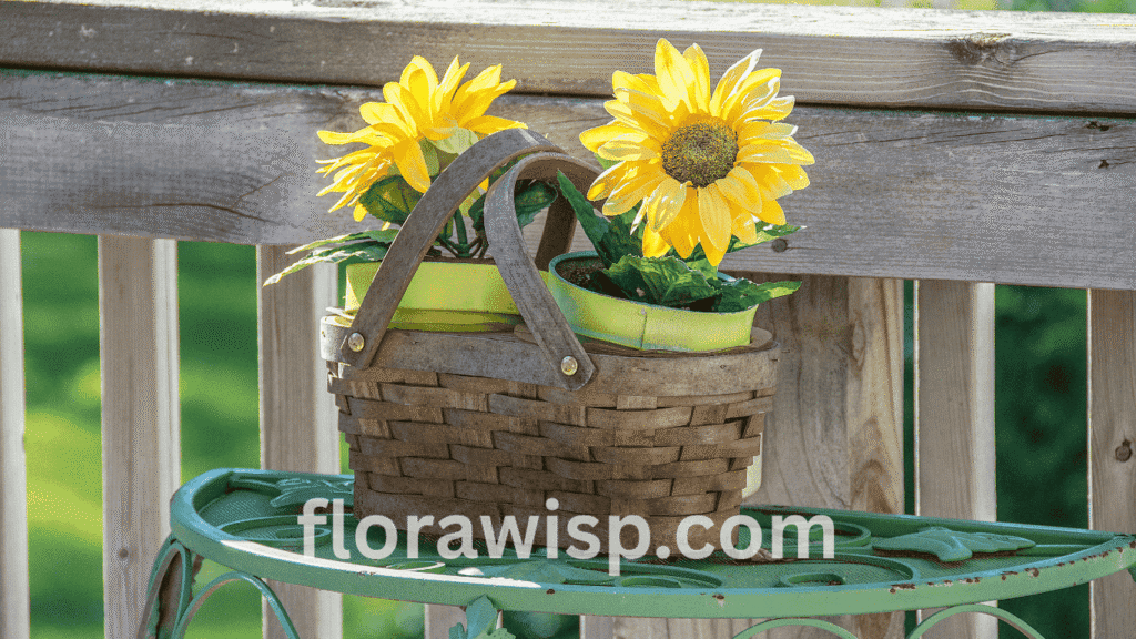 Potted sunflowers for sale displayed in a rustic basket, featuring vibrant sunflower plants in containers ready for gifting