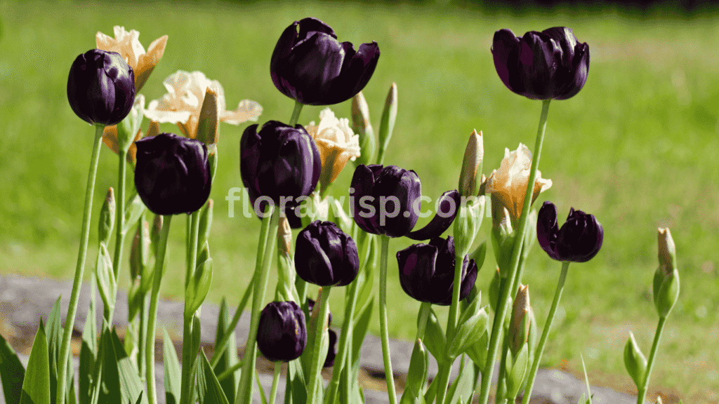 Queen of the Night black tulips in full bloom showcasing deep maroon petals with a near-black appearance