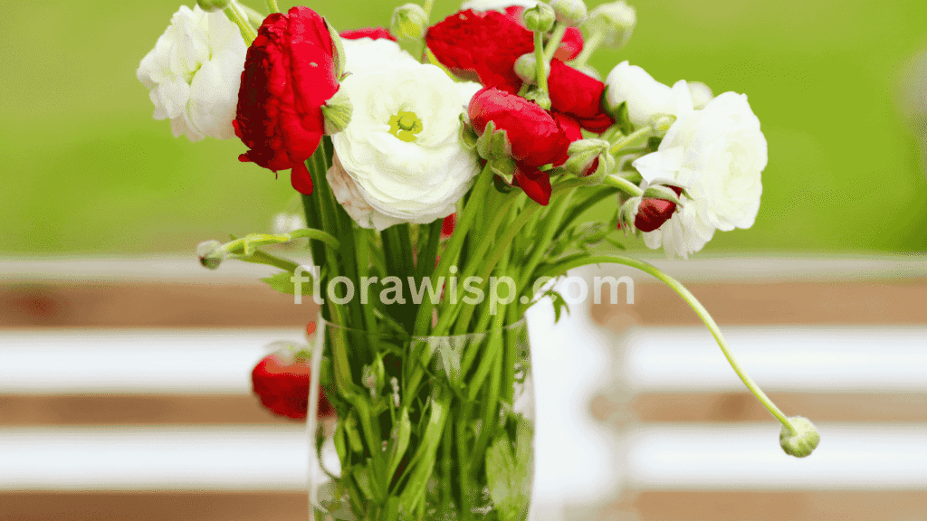 Elegant ranunculus bouquet in vase with pastel blooms, arranged for a spring wedding centerpiece.